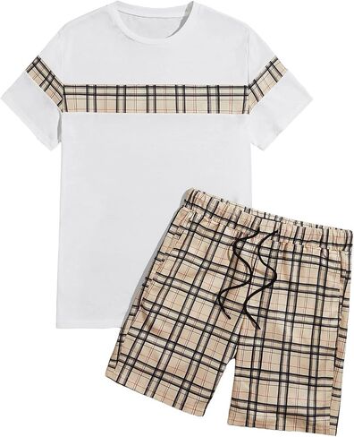 OYOANGLE Men's 2 Piece Outfits Short Sleeve T Shirt and Plaid Shorts Set Tracksuit White Khaki Plaid XXL in Saudi Arabia