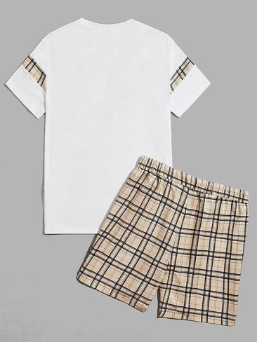 OYOANGLE Men's 2 Piece Outfits Short Sleeve T Shirt and Plaid Shorts Set Tracksuit White Khaki Plaid XXL in Saudi Arabia