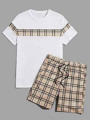 OYOANGLE Men's 2 Piece Outfits Short Sleeve T Shirt and Plaid Shorts Set Tracksuit White Khaki Plaid XXL in Saudi Arabia