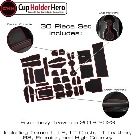 CupHolderHero fits Chevy Traverse Accessories 2018-2023 Premium Custom Interior Non-Slip Anti Dust Cup Holder Inserts, Center Console Liner Mats, Door Pocket Liners 30pc Set (Red Trim) in Saudi Arabia
