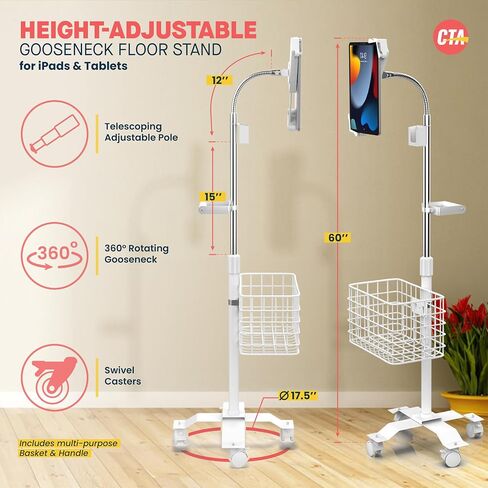 Rolling Gooseneck Floor Stand | CTA Rolling Gooseneck Stand W/Metal Basket, Cradle, and Handle | for Apple iPad 7/8/9 Gen. 10.2" Inch | iPad Pro 11" Inch & 12" Inch | Samsung A7 & A8 | (PAD-CGSWAO) in Saudi Arabia