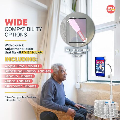 Rolling Gooseneck Floor Stand | CTA Rolling Gooseneck Stand W/Metal Basket, Cradle, and Handle | for Apple iPad 7/8/9 Gen. 10.2" Inch | iPad Pro 11" Inch & 12" Inch | Samsung A7 & A8 | (PAD-CGSWAO) in Saudi Arabia
