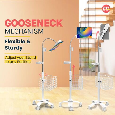 Rolling Gooseneck Floor Stand | CTA Rolling Gooseneck Stand W/Metal Basket, Cradle, and Handle | for Apple iPad 7/8/9 Gen. 10.2" Inch | iPad Pro 11" Inch & 12" Inch | Samsung A7 & A8 | (PAD-CGSWAO) in Saudi Arabia