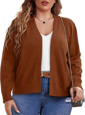 FOREYOND بني مقاس كبير سترة صوفية مفتوحة من الأمام مقاس كبير سترة متماسكة مضلعة مقاس كبير سترة صوفية متماسكة مقاس كبير سترة صوفية كاجوال متماسكة 2X in Kuwait