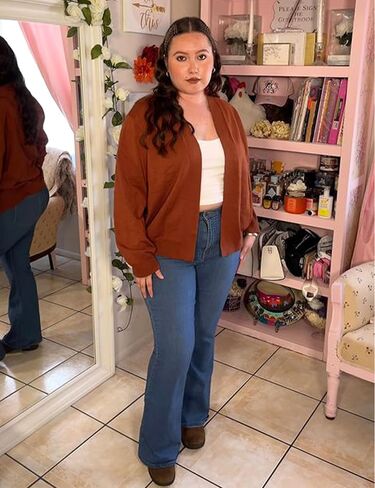 FOREYOND بني مقاس كبير سترة صوفية مفتوحة من الأمام مقاس كبير سترة متماسكة مضلعة مقاس كبير سترة صوفية متماسكة مقاس كبير سترة صوفية كاجوال متماسكة 2X in Kuwait