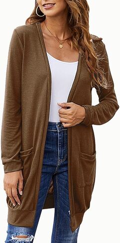 SimpleFun Womens Long Sleeve Lightweight Open Front Knit Long Cardigans Sweaters with Pockets in Saudi Arabia