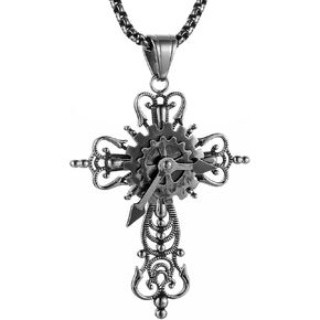 HZMAN Silver Cross Necklace for Men Stainless Steel Turntable Gear Steampunk Style Cross Pendant Faith Religious Gift