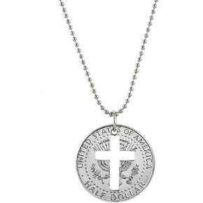 JFK Presidential Seal Cut Out Cross Half Dollar Coin Necklace Silvertone Ball Chain