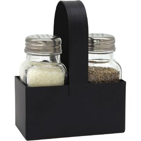 CVHOMEDECO. Salt and Pepper Shakers Set with Black Galvanized Caddy, Farmhouse Glass Salt and Pepper Shaker Dispensers, Black Metal Holder with Padded Feet, for Home Kitchen Table Decor. Rectangular