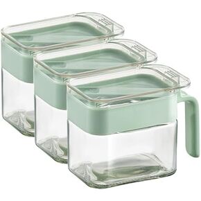 Condiment Jar Spice Container, Sugar and salt container set，Glass Seasoning Box with Spoon Dustproof Lid and Handle,for Kitchen, Counter,Food Storage,10oz Set of 3(grey)
