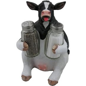 Holstein Cow Glass Salt and Pepper Shaker Set with Holder Figurine in Tabletop Country Kitchen Decor or Decorative Farm Animal Collectible Sculptures As Spice Racks and Rustic Gifts for Farmers