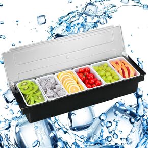 6 Compartment Fruit Veggie Condiment Caddy with Lid, Plastic Ice Cooled Condiment Serving Container Chilled Garnish Tray Bar Caddy