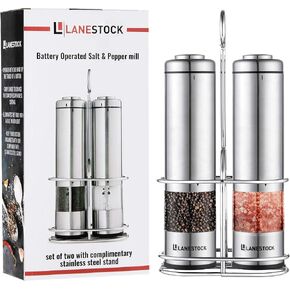 Electric Salt and pepper grinder by Lanestock - Combo set of battery operated stainless steel spice grinders with stand - LED light and adjustable knob on each mill - Powerful motor - long life-span