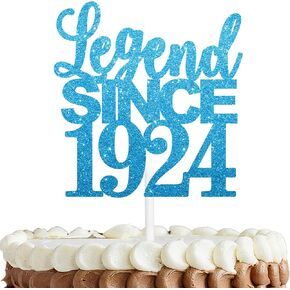 Blue Glitter Cake Topper Cheer to Legend Since 1924 Theme Party Decorations Men Happy 100th Birthday Father’s Day Party Decor Supplies