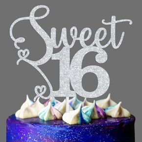 قطعة تزيين الكيك Sweet 16، Hello 16/Cheers to 16 عامًا لتزيين الكيك، لوازم تزيين حفلات عيد الميلاد السادس عشر للأولاد والبنات، لمعان فضي