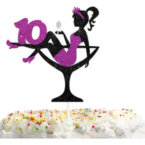 Sitting Girl Cake Topper Picks for Girl Lady Thirty-Nine Happy Birthday Makeup Spa Theme Party Decoration Supplies 39 Silhouette High Heeled Girl Cake Decor Lavender purple Glitter