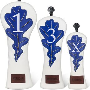 Golf Club Head Covers Set 3 Pack, Oak Tree Leaf Golf Headcovers Fit Most Golf Clubs with Rotatable Number Tag, White/Blue
