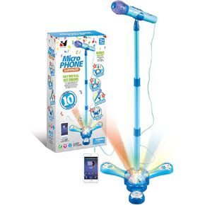 Kids Karaoke Machine with Adjustable Stand,Kids Microphone Music Sing Along with Flashing Stage Light and Pedals Gift for Kids (Blue)