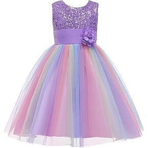 Sleeveless Mesh Sequin Rainbow Wedding Party flower Girl Dress
