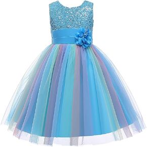 Sleeveless Mesh Sequin Rainbow Wedding Party flower Girl Dress