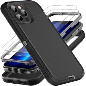 for iphone 13 Pro Max Case, Military Grade 3 in 1 Heavy Duty Shockproof/Drop Proof/Dust Proof Case with 2Pcs Tempered Glass Screen Protector (Black/Grey)