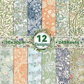 24 Sheets William Morris Pattern Paper 12'' x 12'' Flower Scrapbook Paper Pad William Morris Double-Sided Scrapbook Specialty Paper Scrapbook Paper for Card Making, Origami, DIY