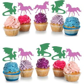 Unicorn and Dragon Cupcake Toppers - 36Pcs Gender Reveal Theme Party Cupcake Decorations, Baby Shower Birthday Party Cake Decorations Supplies