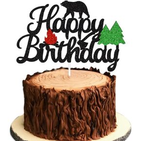 Camping Happy Birthday Cake Topper for Winter Lumberjack Bear Woodland Camping Hunting Themed Baby Shower Wild One 1st Birthday Party Supplies(Double-sided)