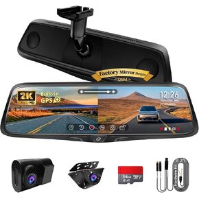 PORMIDO OEM 2K Rear Vew Mirror Camera,10" Mirror Cash Cam with Detached Front Backup Camera, Smart Full Touchscreen Rearview WDR Dashcam with Built-in GPS,64GB Card,Parking Monitor,Night Vision