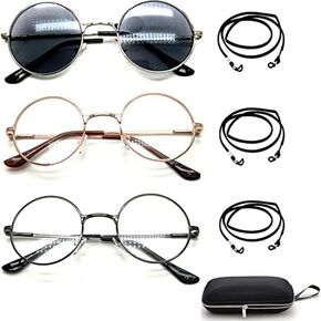 Round Circle Shape Metal Reading Glasses Sun Readers (3 PACK) for Men Women