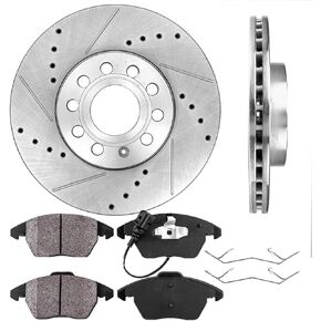 طقم فرامل أمامية Callahan لسيارة Volkswagen Jetta Beetle Rabbit EOS Audi A3 بديلة لدوارات الفرامل المحفورة والمشقوقة ومنصات الفرامل السيراميكية: دوارات مقاس 11.34 بوصة