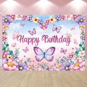 Purple Butterfly Happy Birthday Backdrop Banner Large Butterfly Birthday Party Decorations Supplies for Girl Women Kids Spring Flowers Theme Photo Background Party Decor 7x5ft