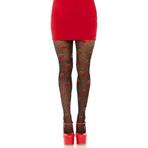 Leg Avenue Spandex sheer polka dot cherry tights, O/S, BLACK
