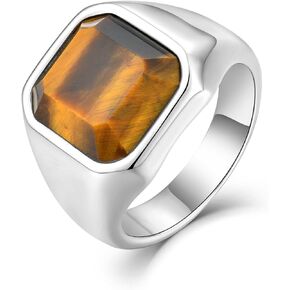 Men's Square Tiger Eye Signet Ring, Stainless Steel Thumb Rings with Natural Stone Protection Jewelry Gift for Men, Size 8-11