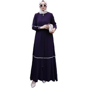 Abaya for Muslim Women Zipper and Stripe Detail on Skirt and Sleeves | Long Sleeve Dress Islamic Kaftan Hijab Robe Prayer