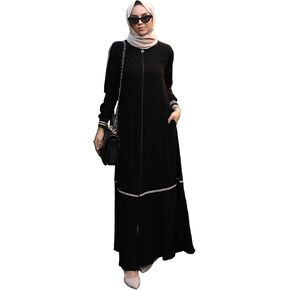 Abaya for Muslim Women Zipper and Stripe Detail on Skirt and Sleeves | Long Sleeve Dress Islamic Kaftan Hijab Robe Prayer
