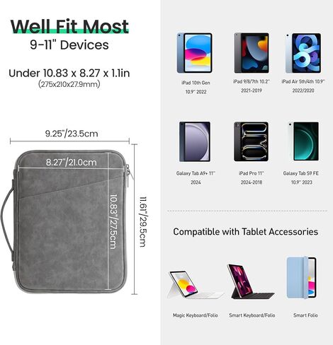 حقيبة DTTO مقاس 9-11 بوصة لجهاز iPad Air M2/iPad Pro M4 الجديد مقاس 11 بوصة، iPad 10th Gen & iPad Air 5/4th، 10.2 بوصة iPad 9/8/7th، 11 بوصة Galaxy Tab A9+، مقاومة للماء للسفر حقيبة iPad، رمادي فلكي in Kuwait