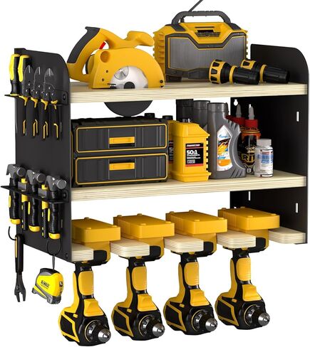 منظم أدوات الطاقة على الحائط، منظم أدوات لاسلكي، رف تخزين أدوات تنظيم المرآب، 3 طبقات و4 حامل مثقاب، منظم أدوات الطاقة، هدايا الآباء/عيد الميلاد للرجال (أسود، 3L-4H) in Kuwait