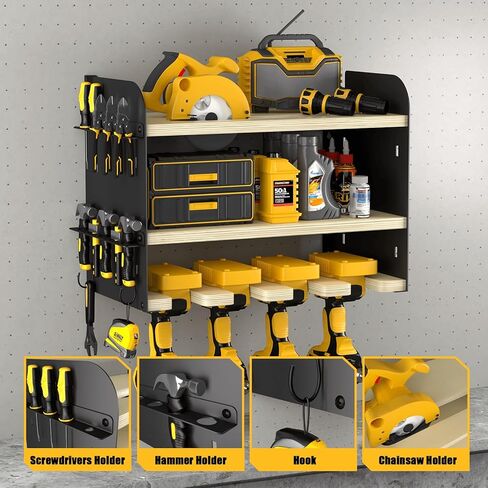 منظم أدوات الطاقة على الحائط، منظم أدوات لاسلكي، رف تخزين أدوات تنظيم المرآب، 3 طبقات و4 حامل مثقاب، منظم أدوات الطاقة، هدايا الآباء/عيد الميلاد للرجال (أسود، 3L-4H) in Kuwait