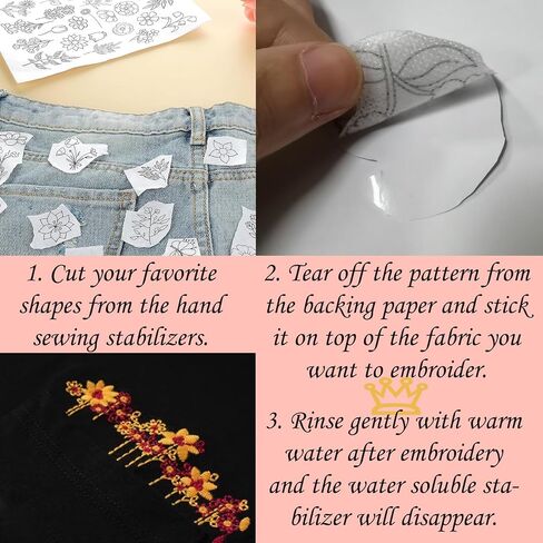 عصا وغرزة التطريز ورقة أنماط التطريز القابلة للذوبان في الماء مثبتات الخياطة مع الزهور المطبوعة مسبقا وأوراق نقل نمط للخياطة اليدوية in Kuwait