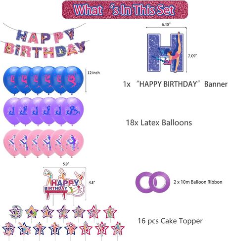 37 قطعة من لوازم حفلات الجمباز بما في ذلك لافتة عيد ميلاد سعيد، وغطاء كعكة الجمباز وأغطية الكب كيك، وبالونات الجمباز، وحفلة موضوع الجمباز للياقة البدنية لتزيين حفلات أعياد الميلاد للفتيات in Kuwait