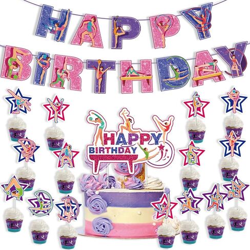 37 قطعة من لوازم حفلات الجمباز بما في ذلك لافتة عيد ميلاد سعيد، وغطاء كعكة الجمباز وأغطية الكب كيك، وبالونات الجمباز، وحفلة موضوع الجمباز للياقة البدنية لتزيين حفلات أعياد الميلاد للفتيات in Kuwait