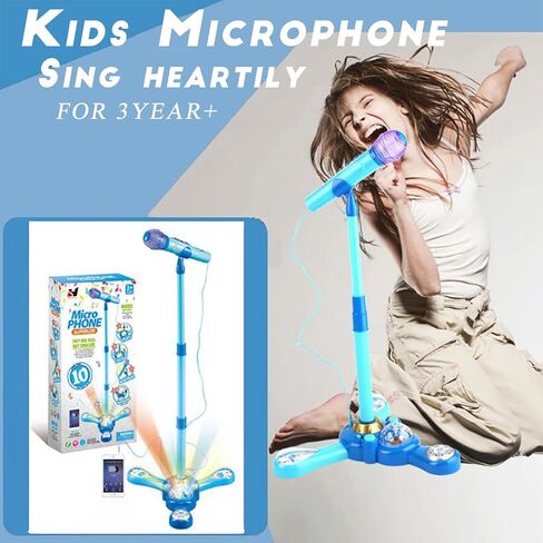 Kids Karaoke Machine with Adjustable Stand,Kids Microphone Music Sing Along with Flashing Stage Light and Pedals Gift for Kids (Blue) in Saudi Arabia