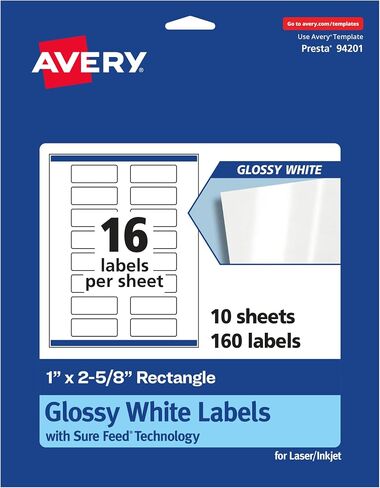 Avery Glossy White Rectangle Labels with Sure Feed, 1" x 2-5/8", 160 Glossy White Labels, Print-to-The-Edge, Permanent Label Adhesive, Laser/Inkjet Printable Labels in Saudi Arabia