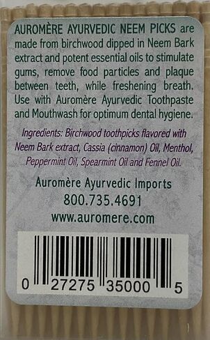 Auromere Ayurvedic Neem Toothpicks - Vegan, Natural, Non GMO, Made from Birchwood (100 count), 2 Pack in Saudi Arabia