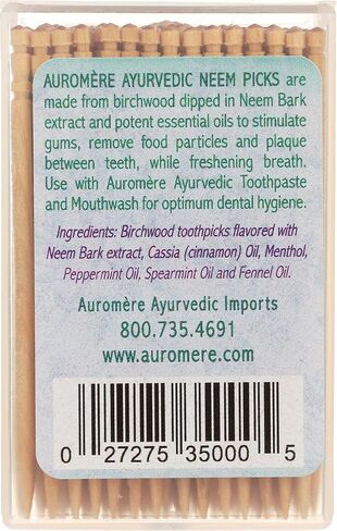 Auromere Ayurvedic Neem Toothpicks - Vegan, Natural, Non GMO, Made from Birchwood (100 count), 2 Pack in Saudi Arabia