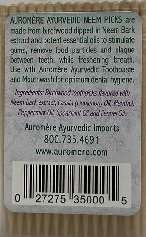 Auromere Ayurvedic Neem Toothpicks - Vegan, Natural, Non GMO, Made from Birchwood (100 count), 2 Pack in Saudi Arabia