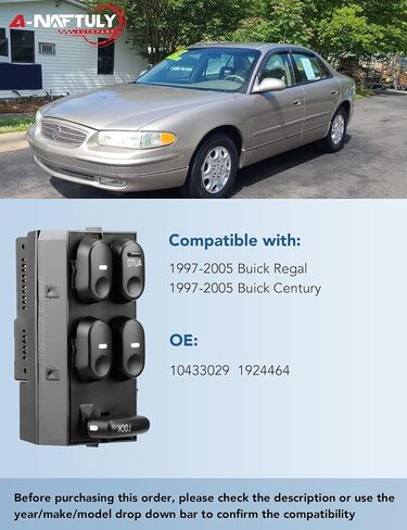 استبدال مفتاح الطاقة الرئيسي لنوافذ السائق يناسب Buick Century & Regal 1997 1998 1999 2000 2001 2002 2003 2004 2005، مفتاح التحكم في نافذة السائق الأيسر الأمامي، 10433029، 19244641 in Saudi Arabia