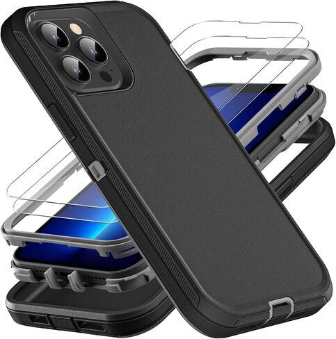 for iphone 13 Pro Max Case, Military Grade 3 in 1 Heavy Duty Shockproof/Drop Proof/Dust Proof Case with 2Pcs Tempered Glass Screen Protector (Black/Grey) in Saudi Arabia