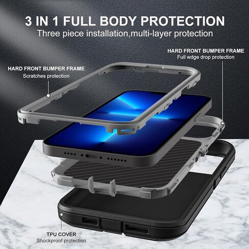 for iphone 13 Pro Max Case, Military Grade 3 in 1 Heavy Duty Shockproof/Drop Proof/Dust Proof Case with 2Pcs Tempered Glass Screen Protector (Black/Grey) in Saudi Arabia